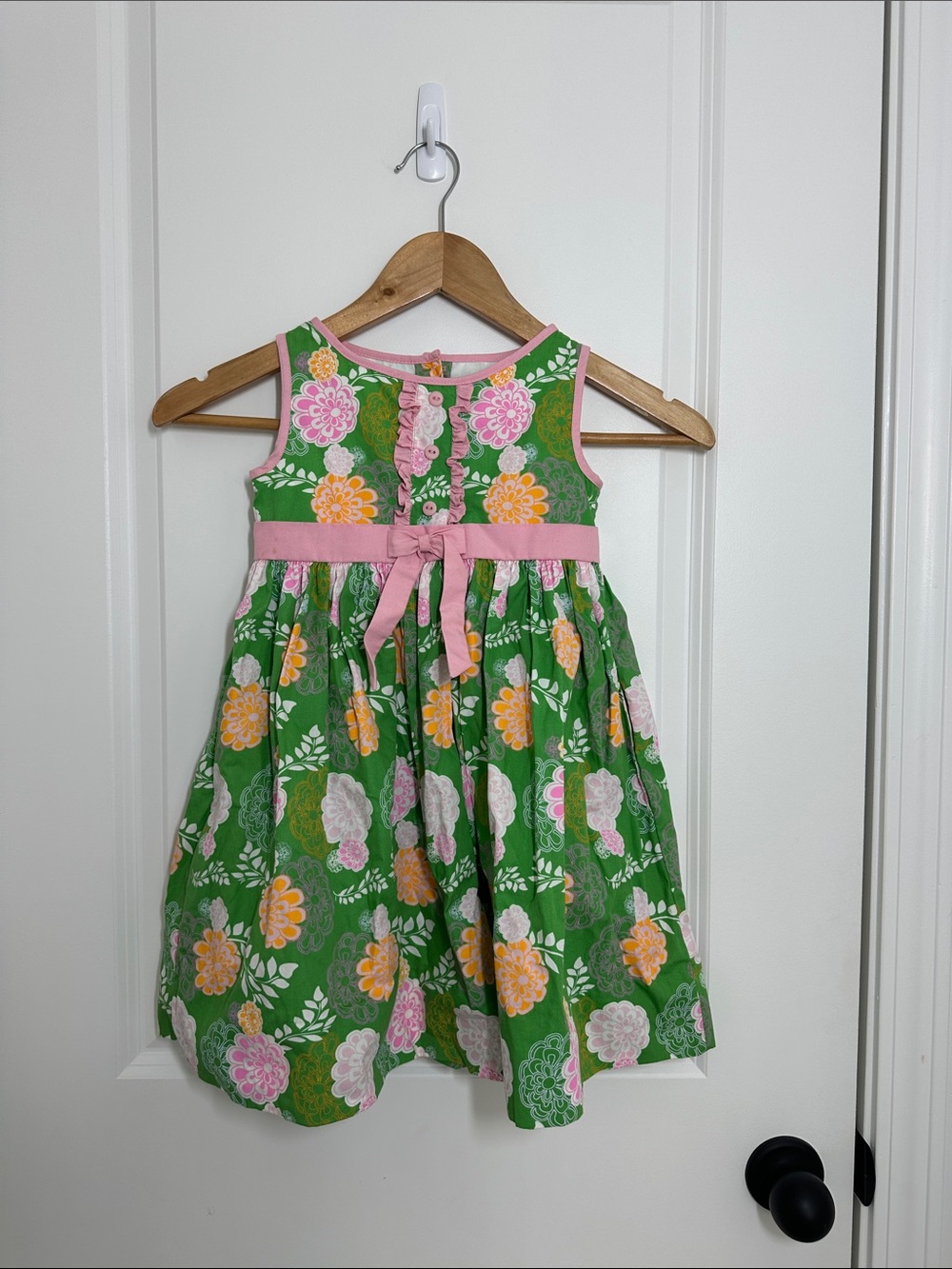 Strasburg Girls Green Floral Sundress with Pink Bow 3Y